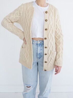Ellatte Cream Cable Knit Cardigan Button Front Chunky Fisherman Wool Sweater M